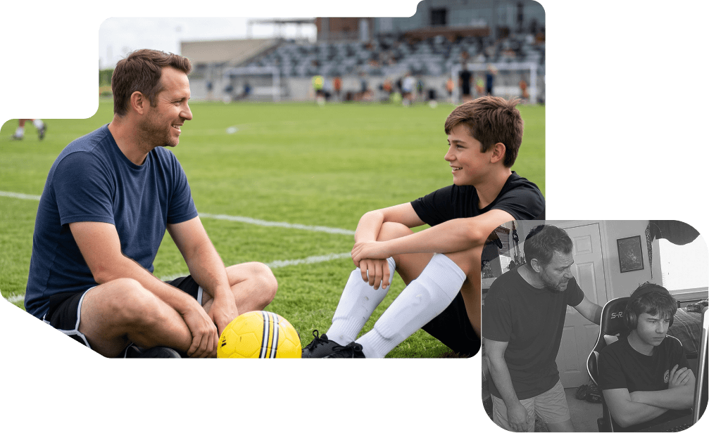 Un padre y su hijo charlan en un campo de fútbol y, encima, los mismos en casa frente al ordenador