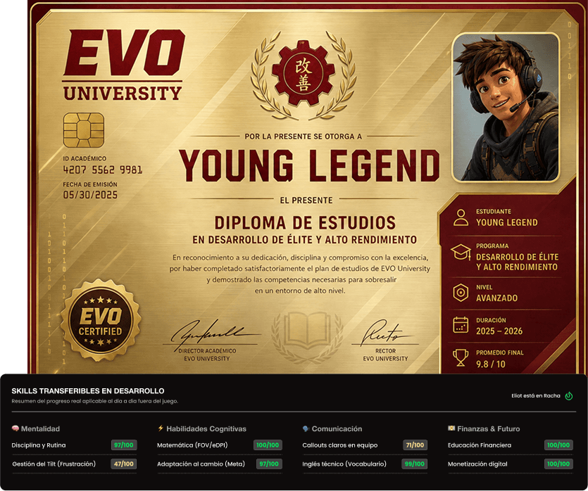 Diploma Young Legend de EVO University con el panel de skills transferibles