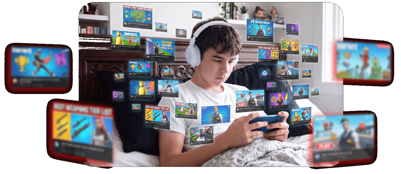 Un chico viendo vídeos de Fortnite en la cama rodeado de miniaturas de streamers